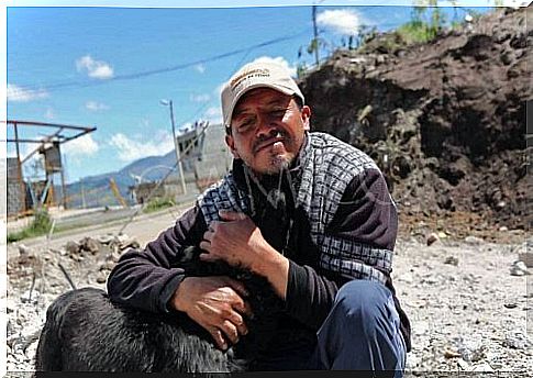 Man and dog after earthquake